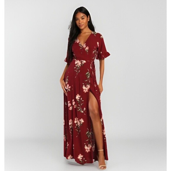 Lulus September Sunsets Burgundy Floral Print Wrap Maxi Dress Medium Event Red - Picture 1 of 12